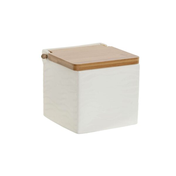 Salero blanco de porcelana con tapa de bambú