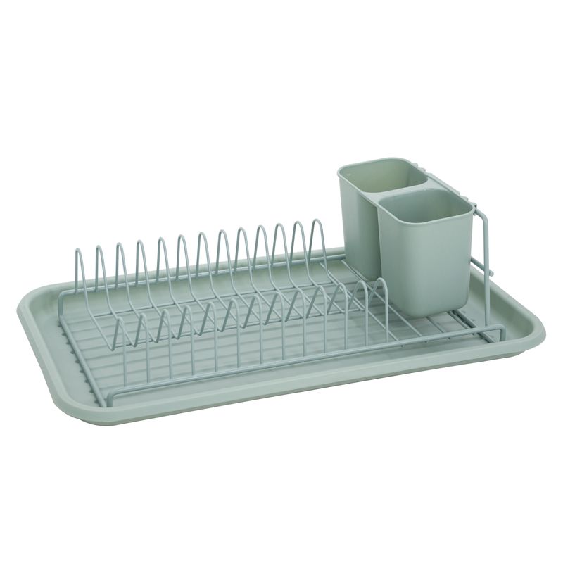 Escurreplatos verde de metal y plástico con compartimentos para cubiertos