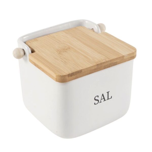 Salero de cerámica con tapa de bambú y relieve SAL.