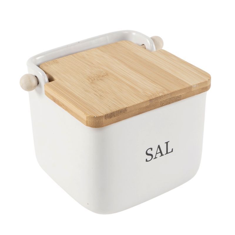 Salero de cerámica con tapa de bambú y relieve SAL.