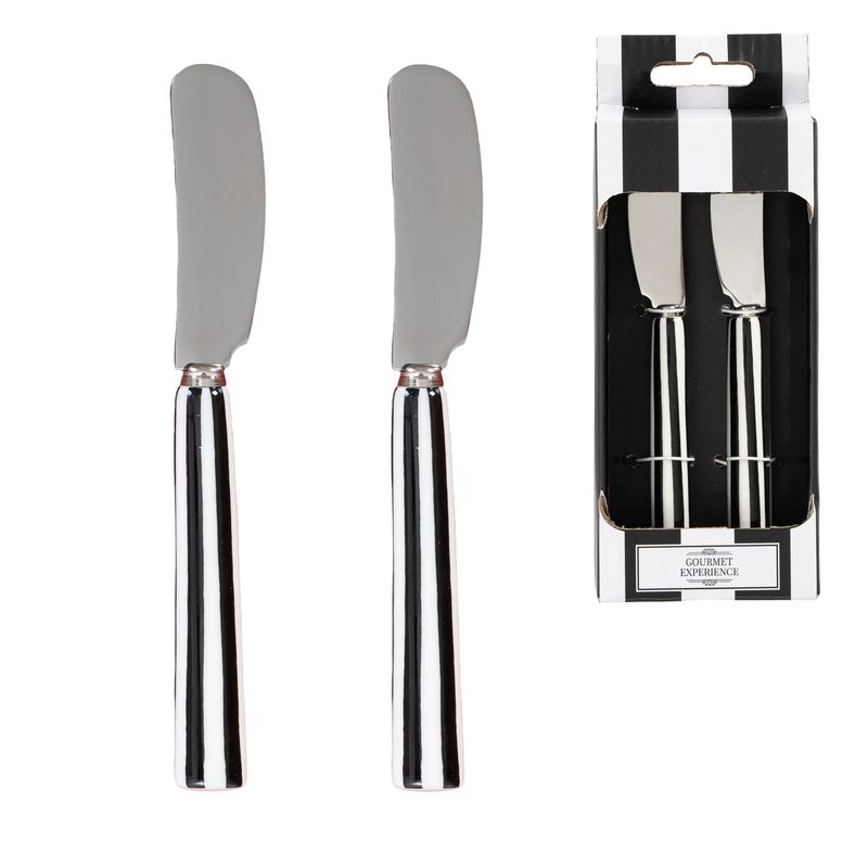 Set de dos untadores fabricados en cerámica con un diseño de rayas