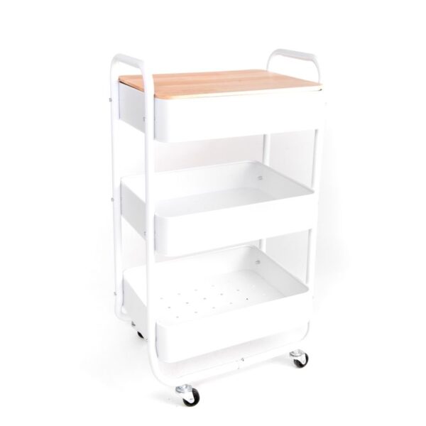 Carro auxiliar blanco de metal con tapa de madera.