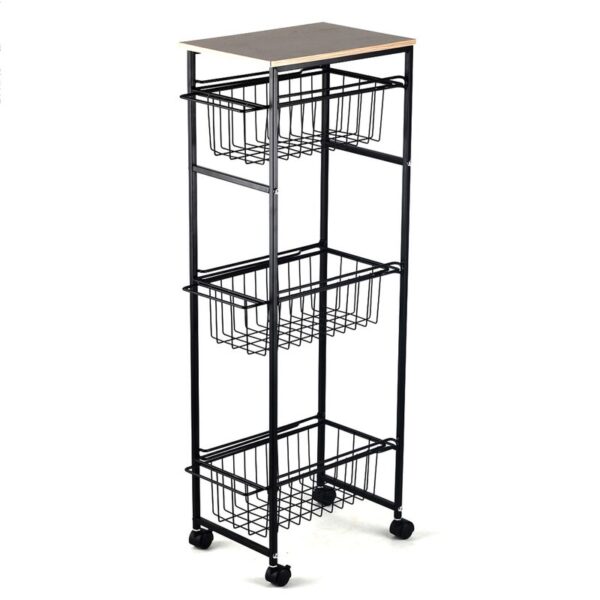 Carro auxiliar negro con tres estantes de rejilla y tapa de madera.