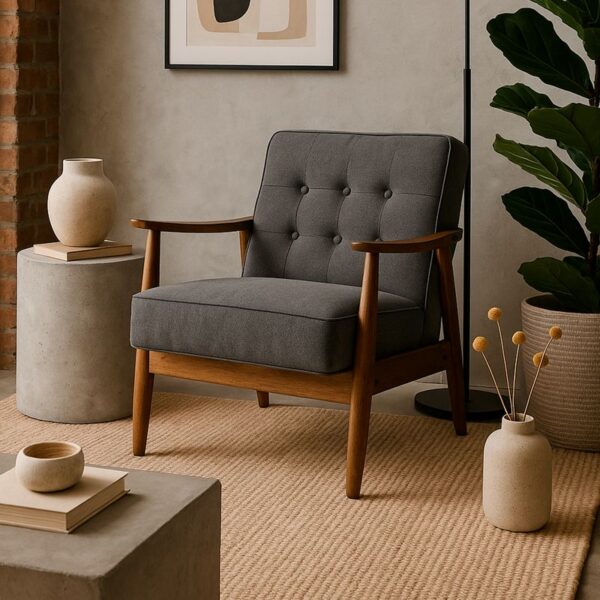 Butaca gris tapizada con estructura de madera, diseño moderno.