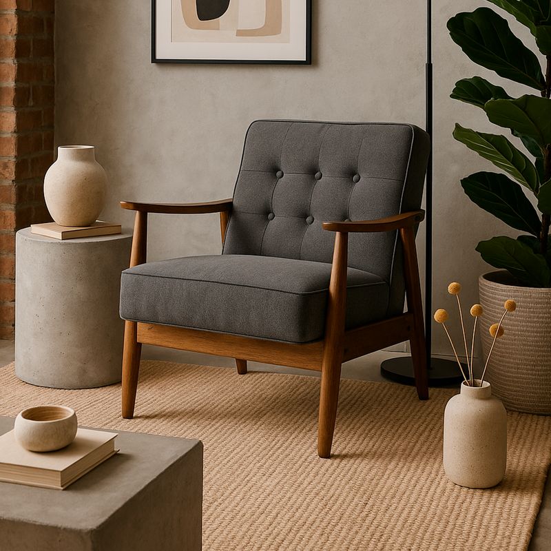 Butaca gris tapizada con estructura de madera, diseño moderno.