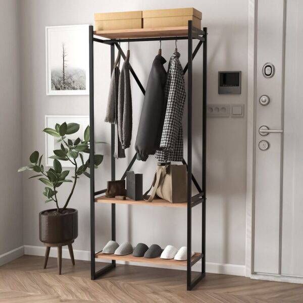 Perchero zapatero industrial de madera y metal con 3 estantes – 66×34×160 cm