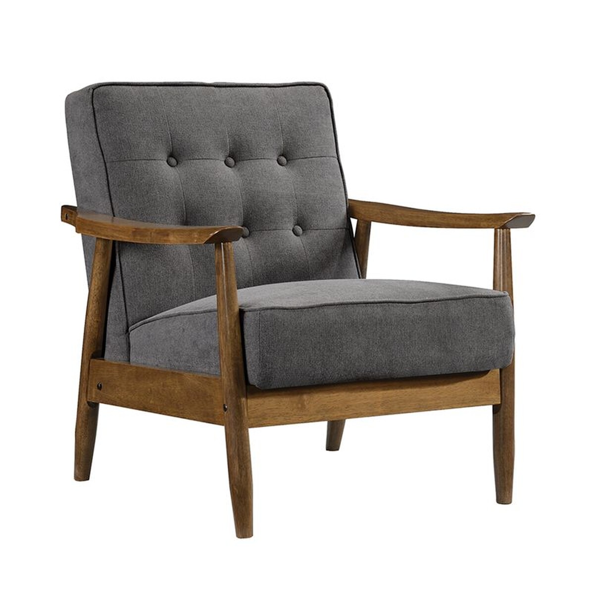 Butaca gris tapizada con estructura de madera, diseño moderno.